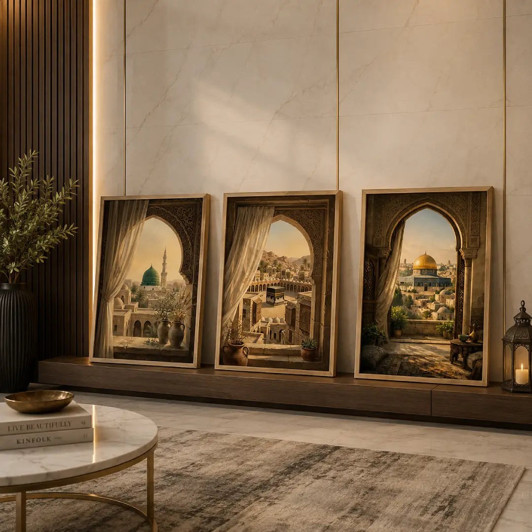 Islamic wall art set of 3 featuring Medina Kaaba and Masjid Al Aqsa Pakistan