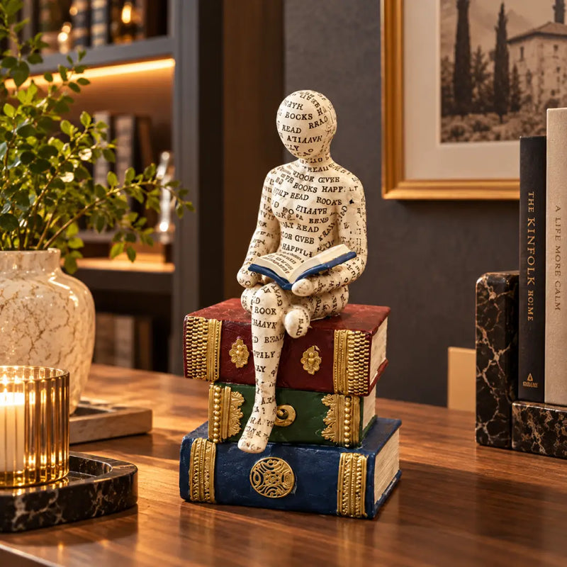 Ivory seated reader with open book sculpture