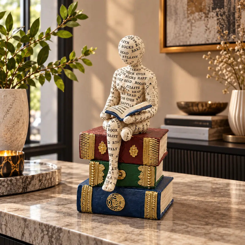 Ivory Seated Reader with Open Book Sculpture | Book Lover Table Décor