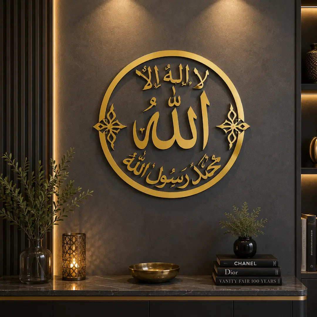 Kalima acrylic Islamic wall decor golden black white Pakistan