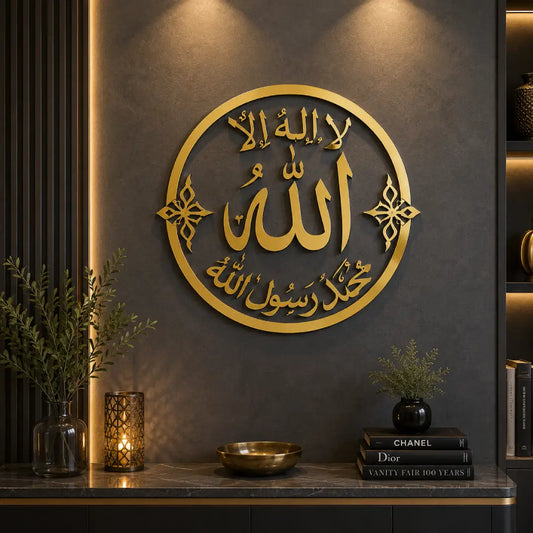 Kalima acrylic Islamic wall decor golden black white Pakistan