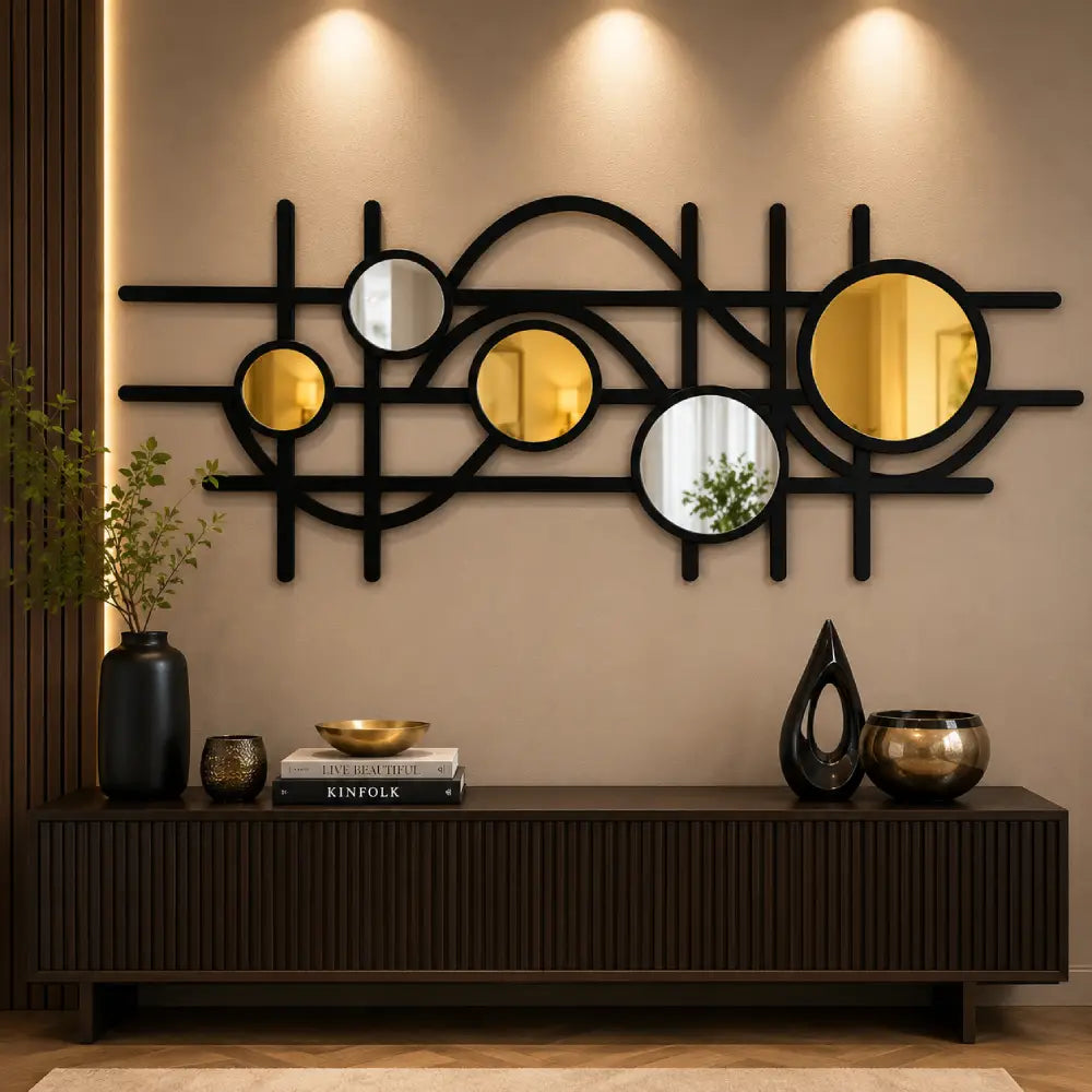 Geometric Plexiglass Mirror & Wooden Wall Art | Modern Abstract Mirror Wall Decor