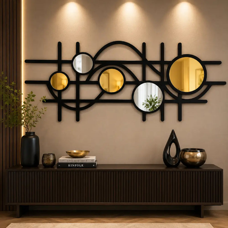 Geometric Plexiglass Mirror & Wooden Wall Art | Modern Abstract Mirror Wall Decor