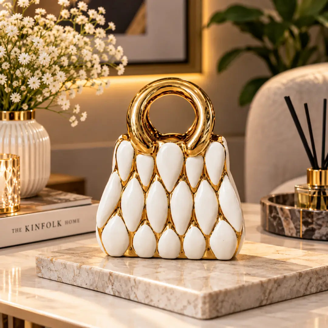 Gold and white ceramic handbag decorative showpiece