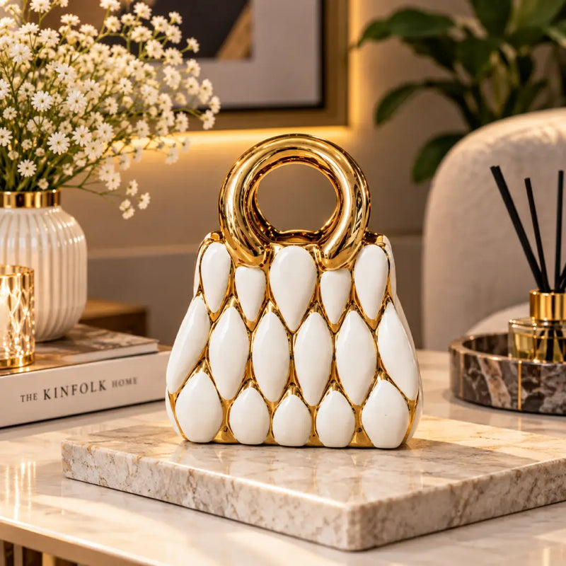 Luxury Ceramic Handbag Decor Sculpture | Modern Gold & White Tabletop Showpiece