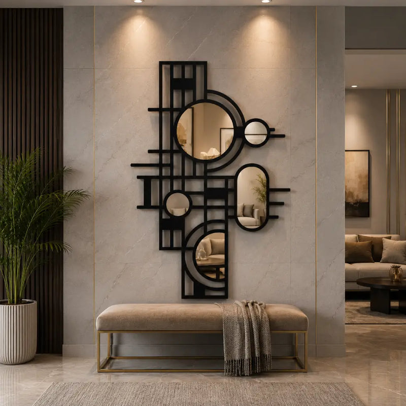 Geometric Plexiglass Mirror Wooden Wall Art | Modern Abstract Circle Wall Decor