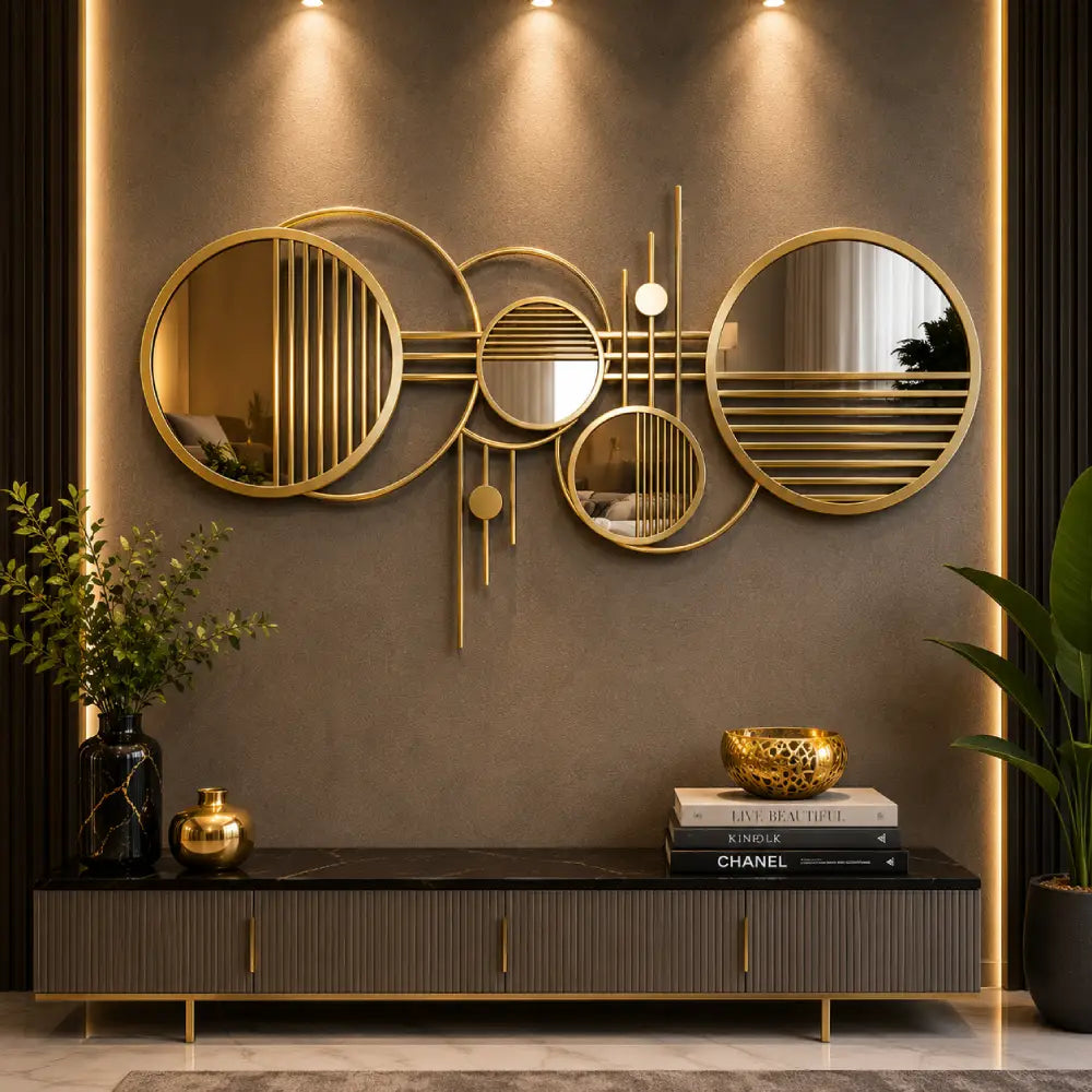 Geometric Plexiglass Mirror & Wooden Wall Art | Modern Abstract Mirror Wall Decor
