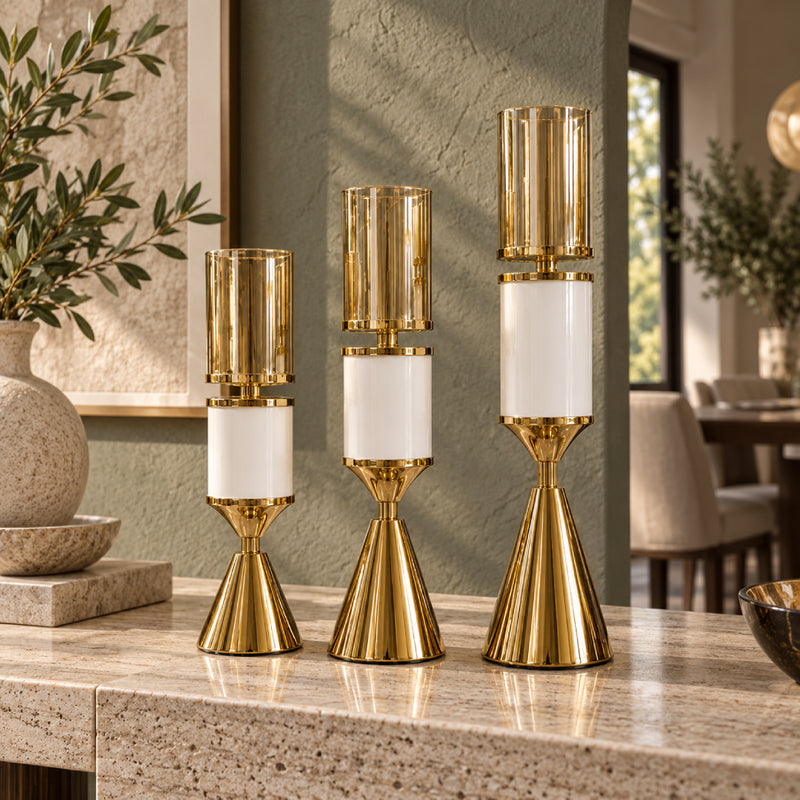 Luxury Gold & White Modern Candle Holders with Glass Cylinders | Set of 3