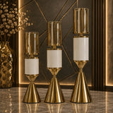 Luxury gold and white modern candle holders with glass cylinders set of 3 Pakistan
