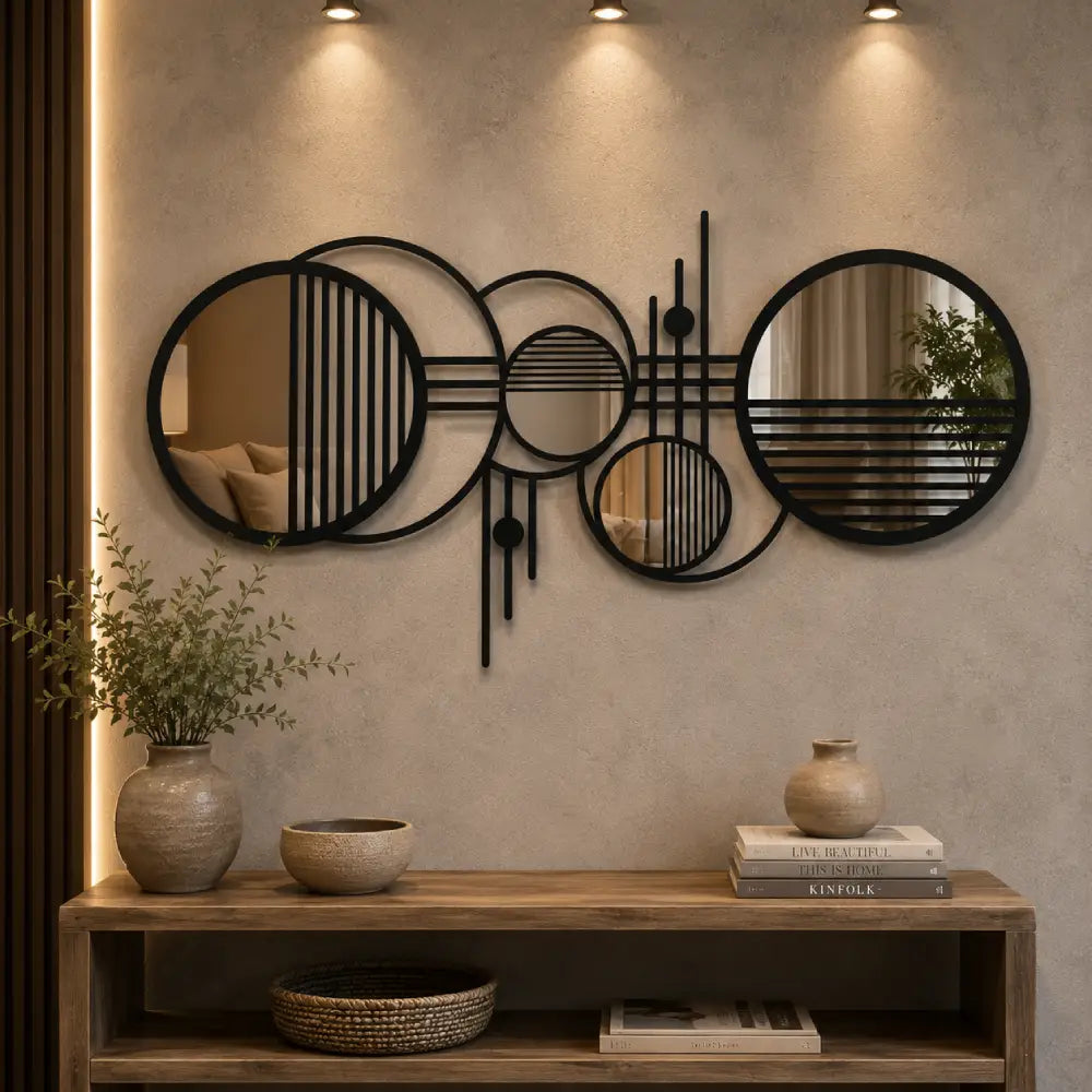 Geometric Plexiglass Mirror & Wooden Wall Art | Modern Abstract Mirror Wall Decor