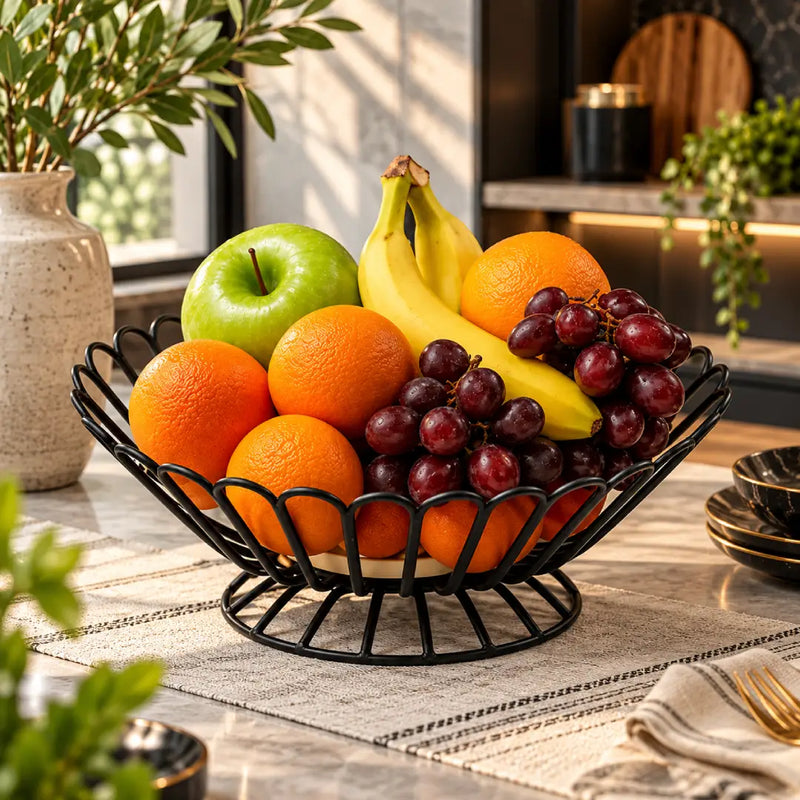 Luxury Metal Wire Fruit Basket | Black Decorative Fruit Bowl Organizer for Dining Table