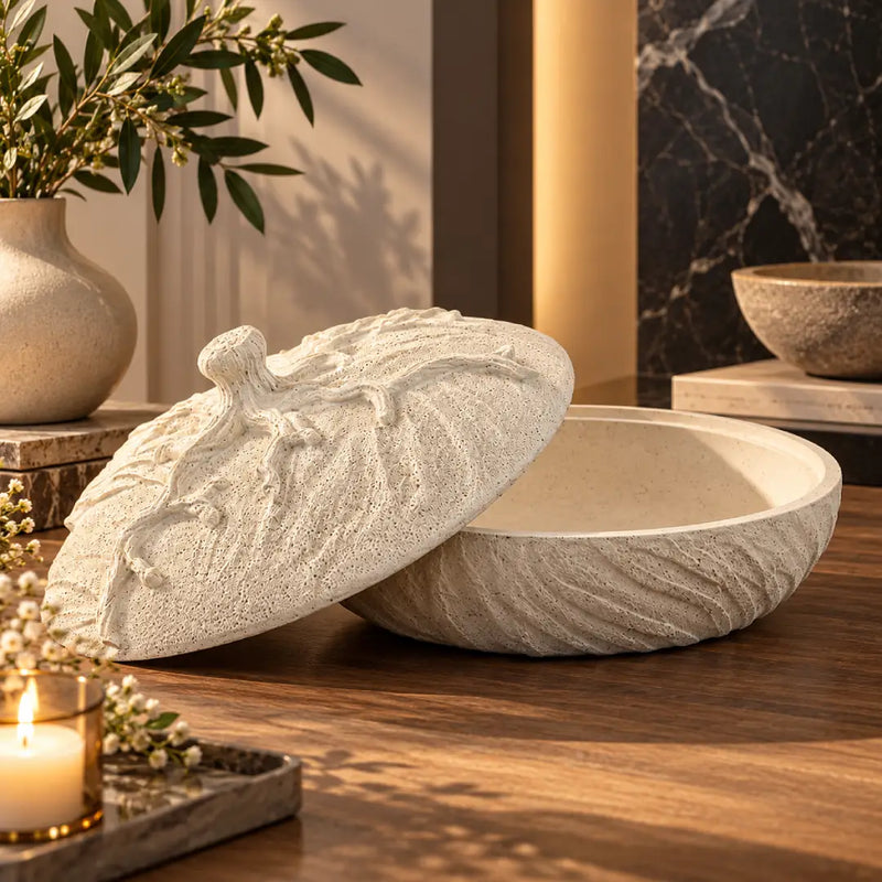 Luxury Textured Resin Decorative Bowl with Lid | Premium Coffee Table & Living Room Decor