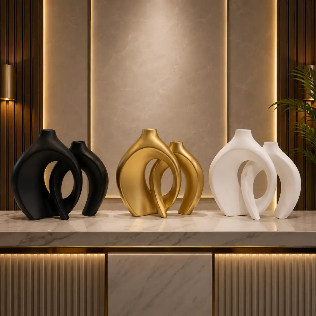 Modern abstract interlocking vases with dried grass accent home decor Pakistan