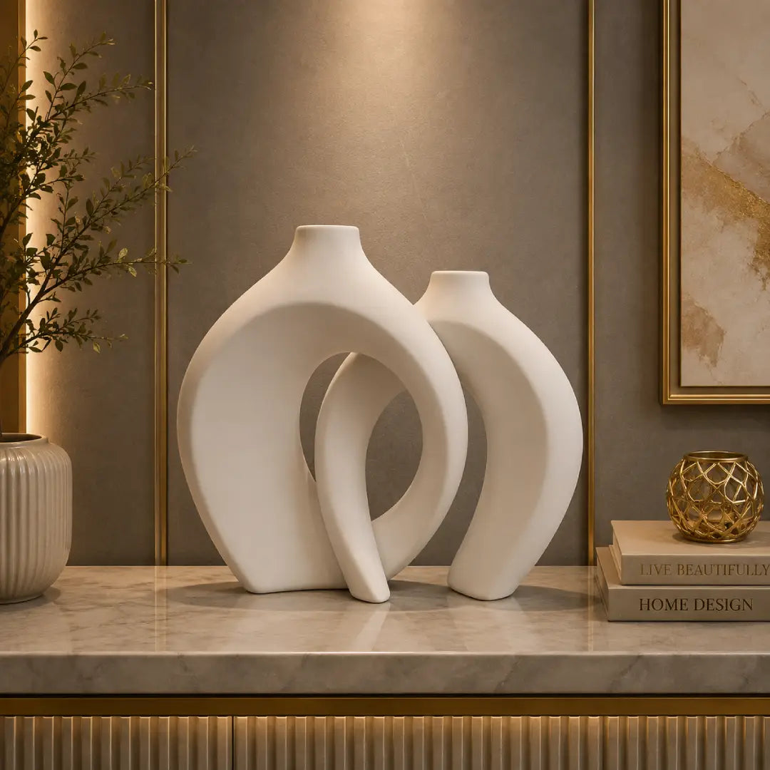 White modern abstract interlocking vase with dried grass accent