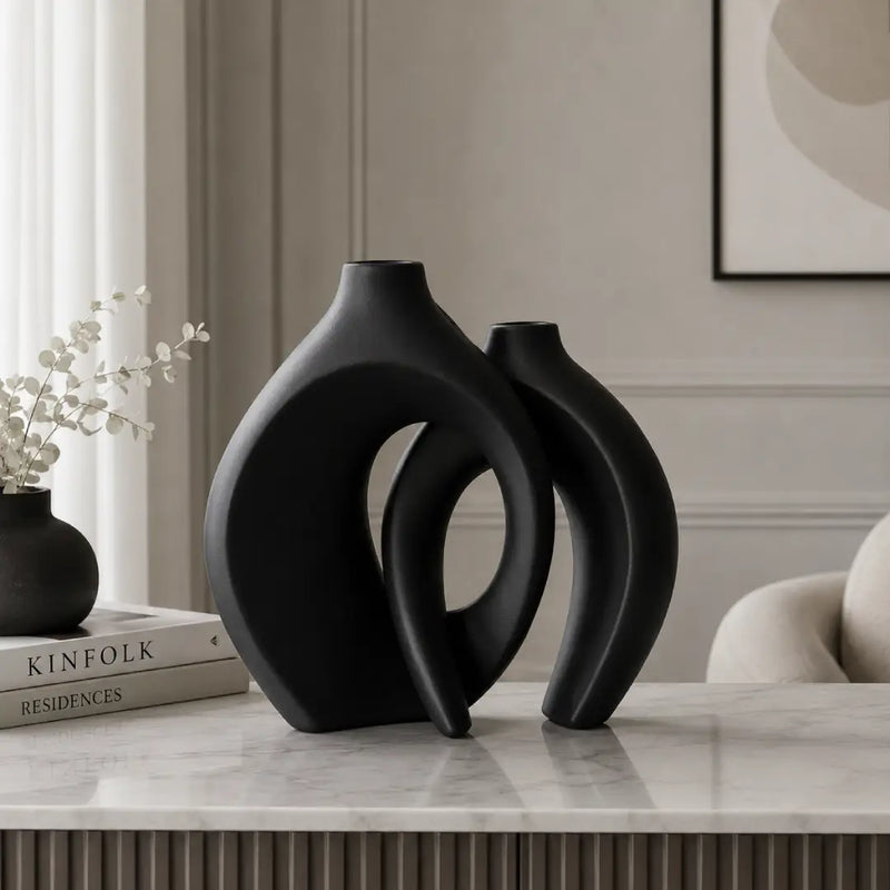Modern Abstract Interlocking Vases with Dried Grass Accent | Golden, Black & White