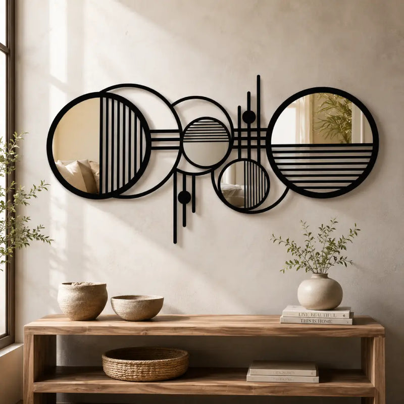 Geometric Plexiglass Mirror & Wooden Wall Art | Modern Abstract Mirror Wall Decor