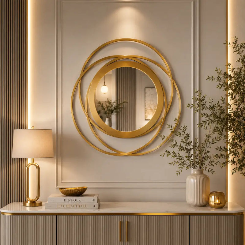 Abstract Wooden Rings Wall Mirror | Modern Round Wooden Mirror Wall Decor