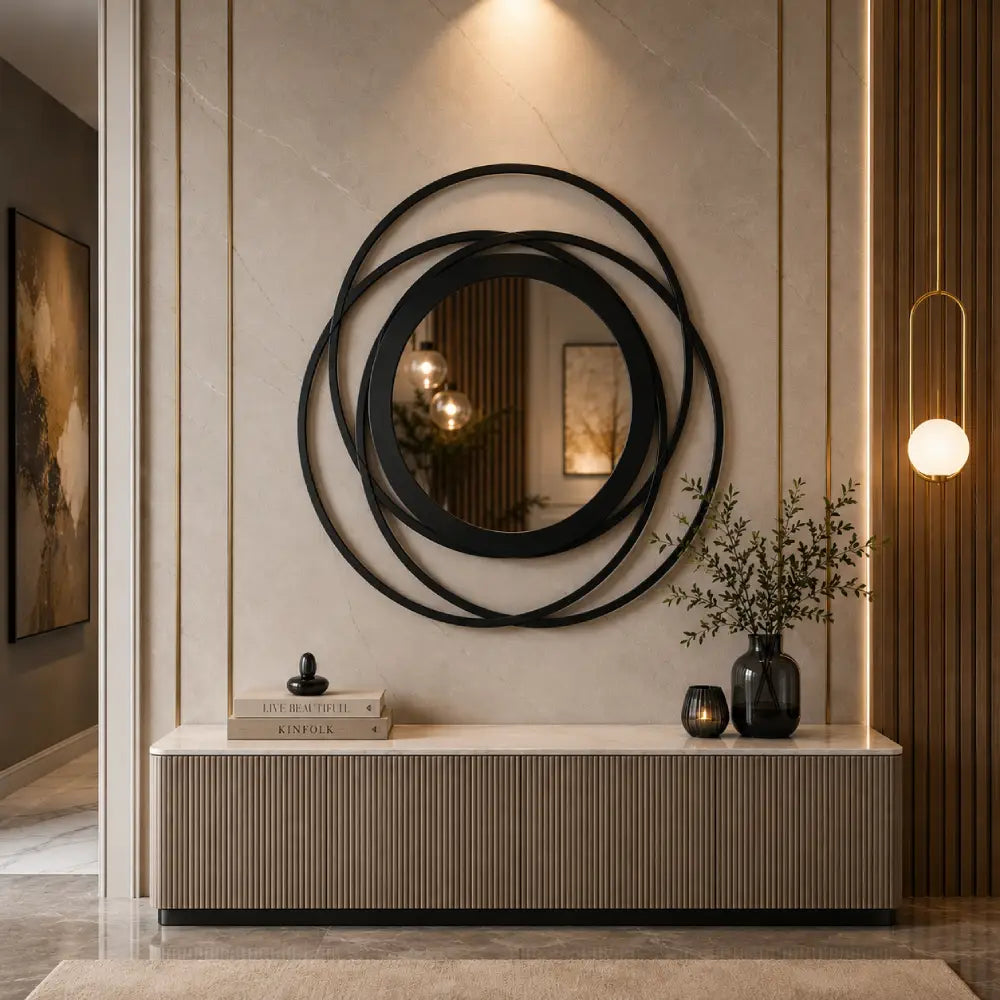 Abstract Wooden Rings Wall Mirror | Modern Round Wooden Mirror Wall Decor