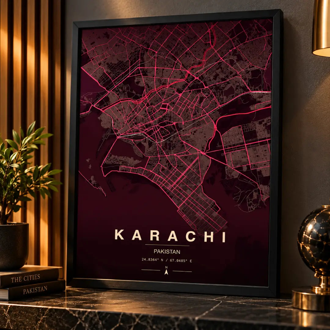 Karachi Burgundy and Pink Minimalist City Map Wall Art
