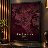 Karachi Burgundy and Pink Minimalist City Map Wall Art