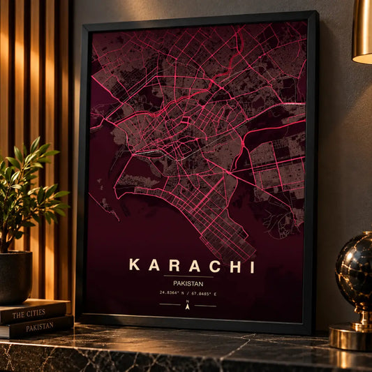 Karachi Burgundy and Pink Minimalist City Map Wall Art