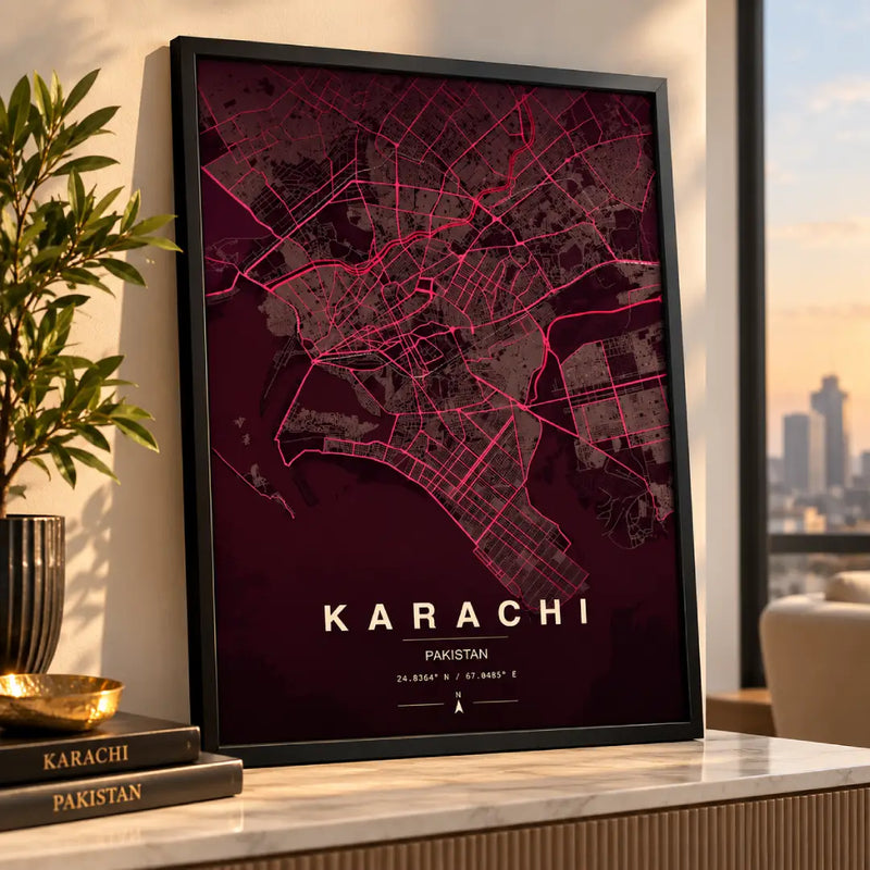 Karachi Burgundy & Pink Map | Minimalist City Map Wall Art – Signature Artwork #00836