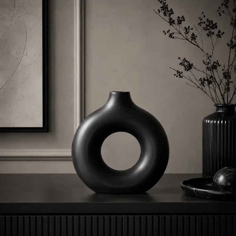 Nordic Circular Fiber-Crafted Hollow Vase | Modern Luxury Decor | Black, Golden & White