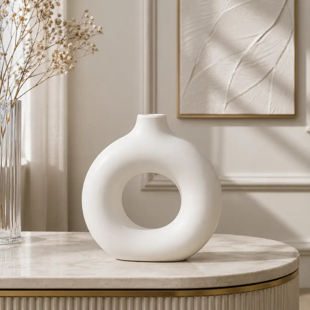 White Nordic circular hollow vase for elegant modern home styling