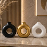 Nordic circular fiber crafted hollow vase Black Golden White modern home decor Pakistan