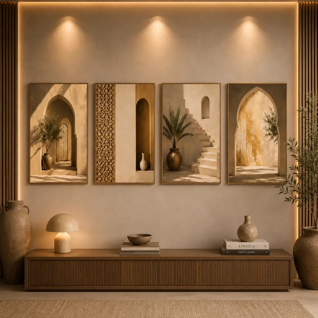 Oriental beige wall art set of 4
