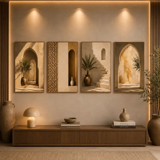 Oriental beige wall art set of 4