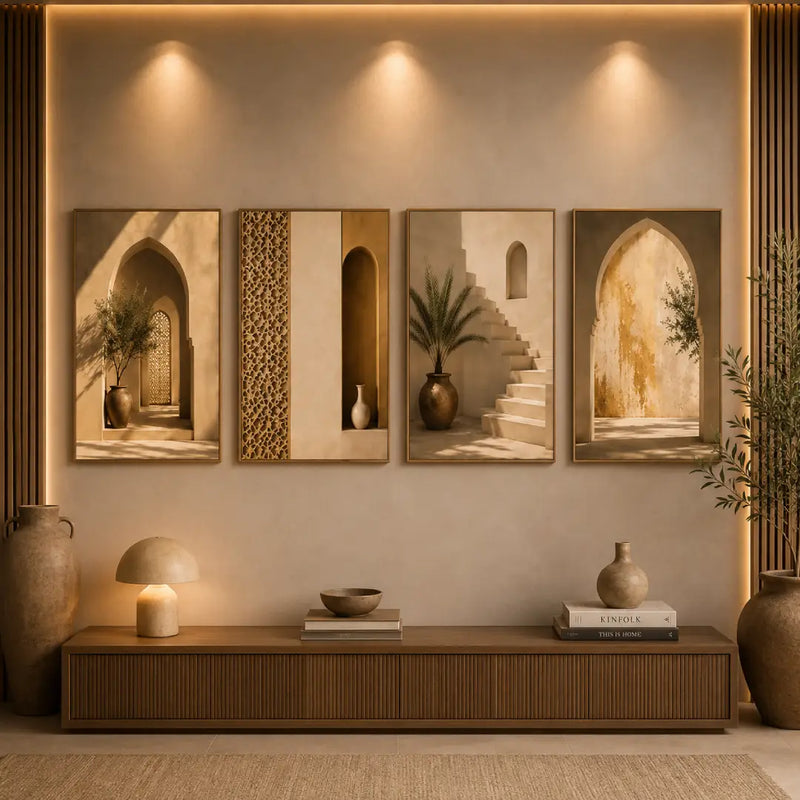 Oriental beige wall art set of 4