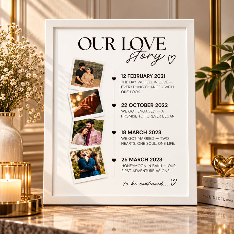 Our Love Story Customised Wall Art – Polaroid Pictures & Couple Timeline | Golden, White, Black & Dark Brown