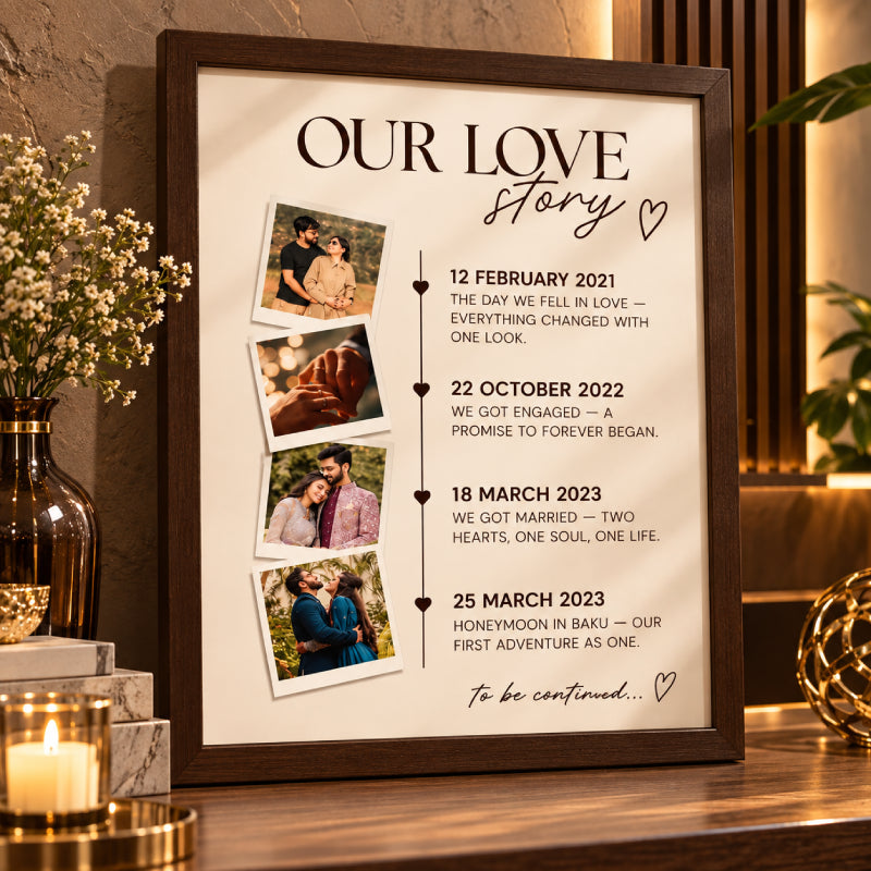 Our Love Story Customised Wall Art – Polaroid Pictures & Couple Timeline | Golden, White, Black & Dark Brown