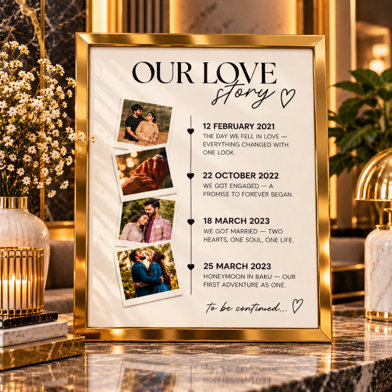 Our Love Story Customised Wall Art – Polaroid Pictures & Couple Timeline | Golden, White, Black & Dark Brown