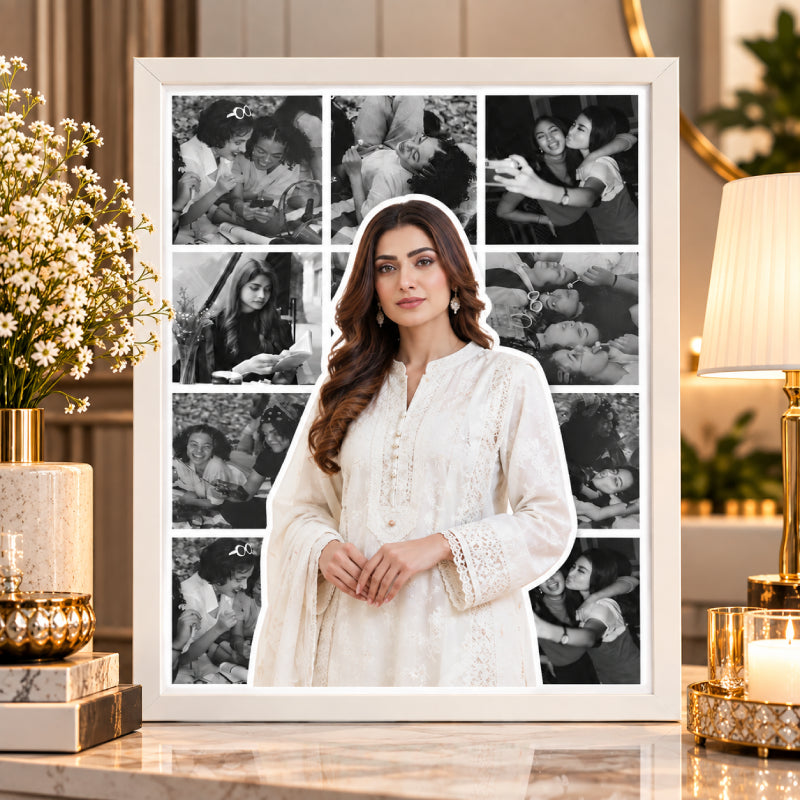 Outlined Picture with B&W Collage Customised Wall Art – Black, White, Rustic Gold & Dark Brown