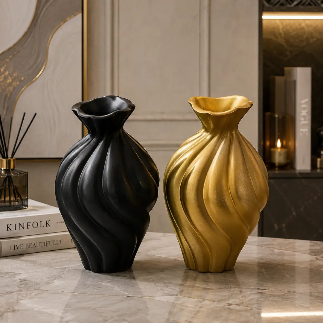 Ribbon Twist Modern Vase | Abstract Sculptural Decor | Golden & Black