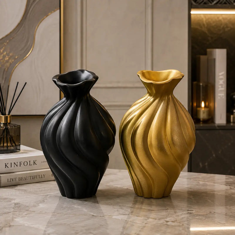 Ribbon Twist Modern Vase | Abstract Sculptural Decor | Golden & Black