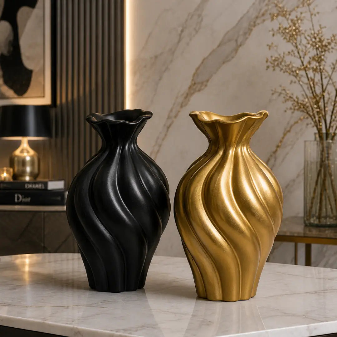 Ribbon Twist Modern Vase | Abstract Sculptural Decor | Golden & Black