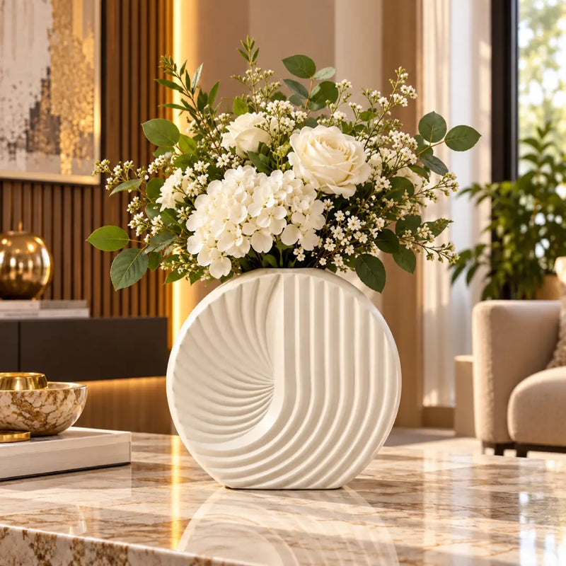 Round white fan-ribbed ceramic vase
