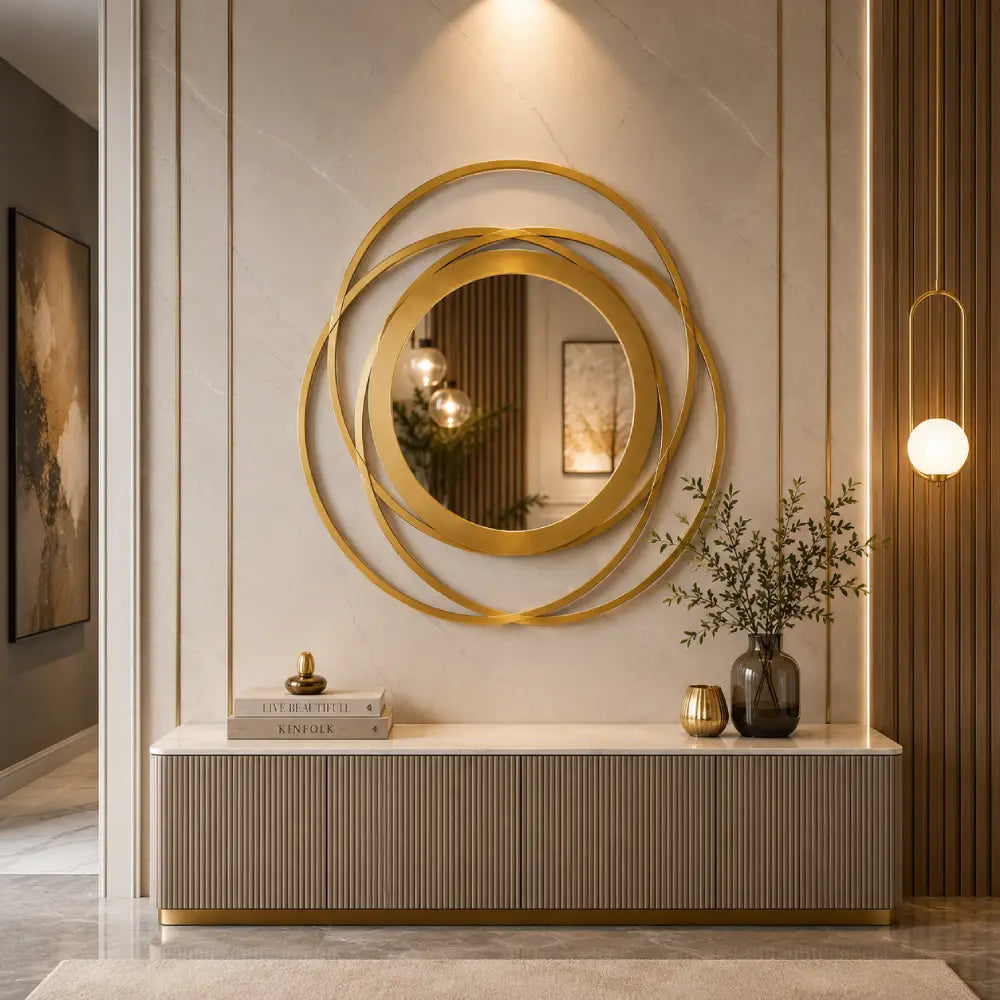 Abstract Wooden Rings Wall Mirror | Modern Round Wooden Mirror Wall Decor