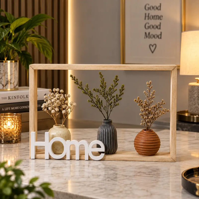 Rustic Wood “Home” Shadow Box with Miniature Vases | Decorative Home Showpiece