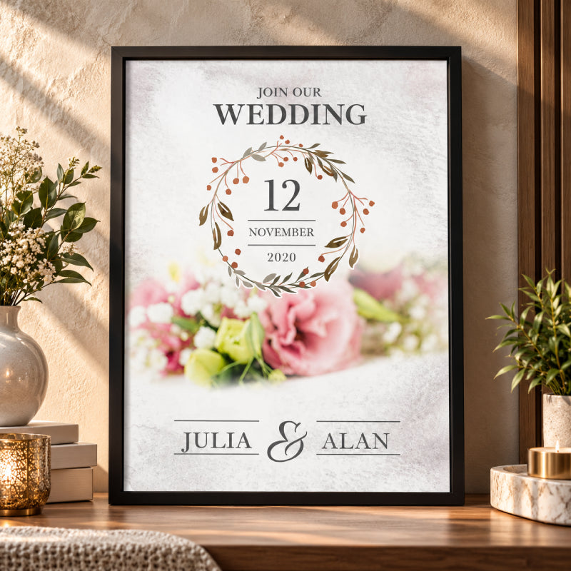 Save the Date Pink & White Floral Wedding Wall Art – Personalized Couple Decor