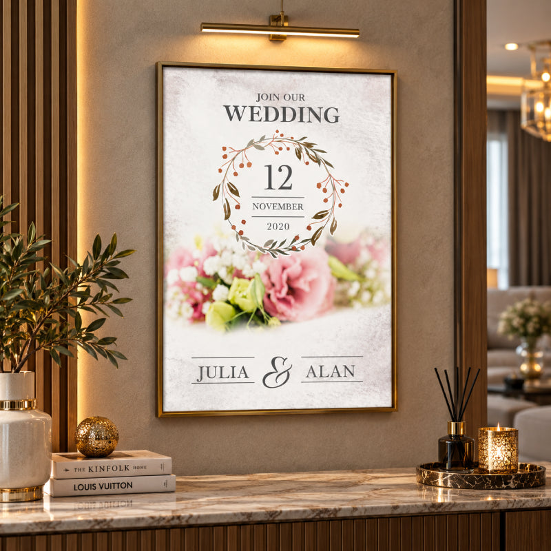 Save the Date Pink & White Floral Wedding Wall Art – Personalized Couple Decor