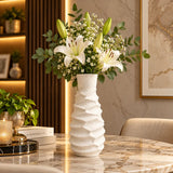 Tall White Wavy Textured Ceramic Vase 10 Inch