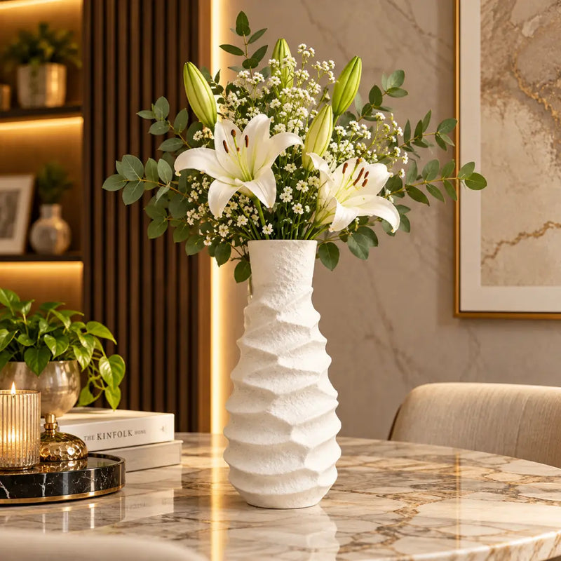 Tall White Wavy Textured Ceramic Vase 10 Inch