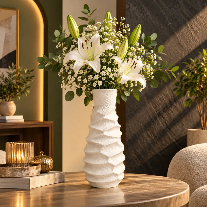 Tall White Wavy Textured Ceramic Vase | 10 Inch | Modern Decorative Home Décor