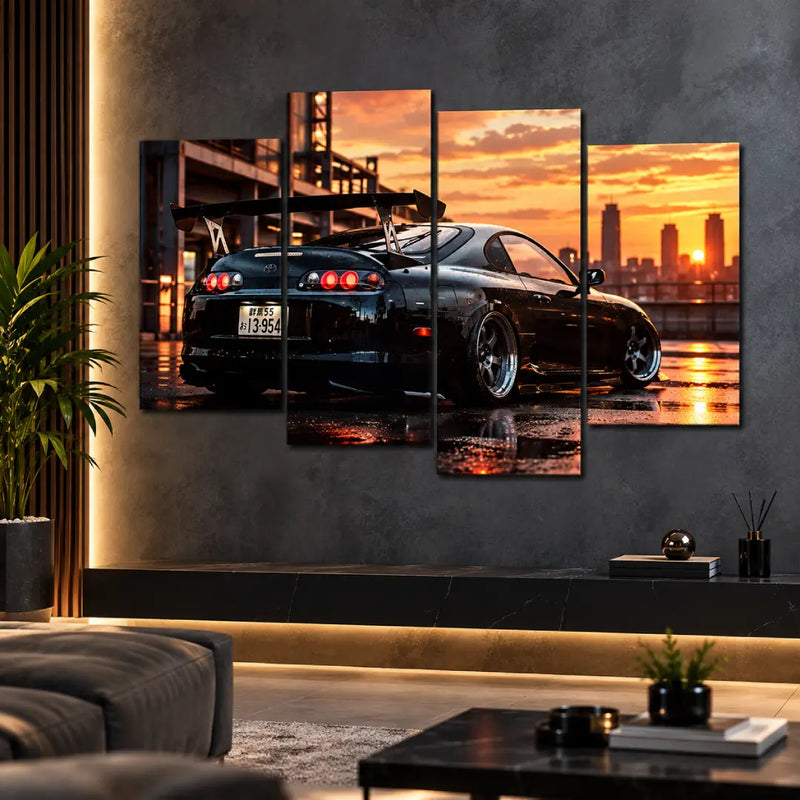 Toyota Supra Orange Background | 4 Panel Cars Wall Art for Automotive Enthusiasts