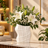 White Geometric Relief Ceramic Vase