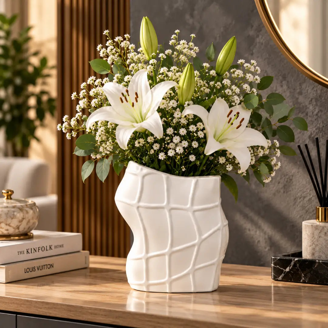 White textured geometric ceramic vase